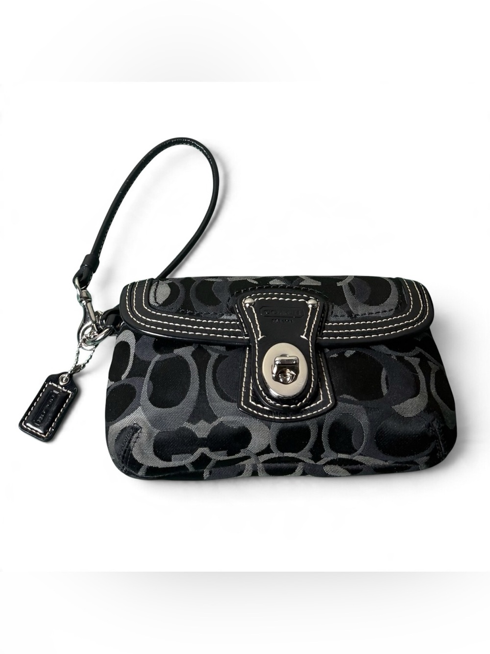 Vintage Y2K Coach Legacy Silver Turnlock Signature Canvas Wallet Wristlet Black